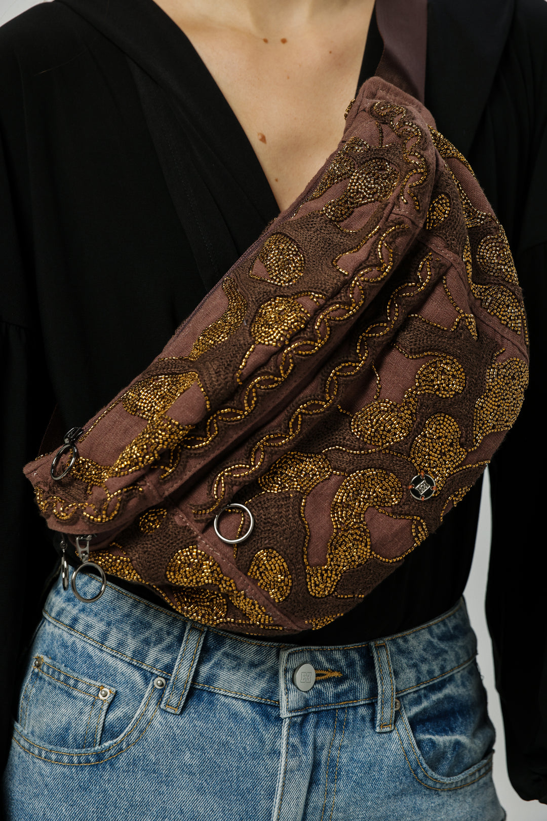 EE Brown Beaded Belt Bag