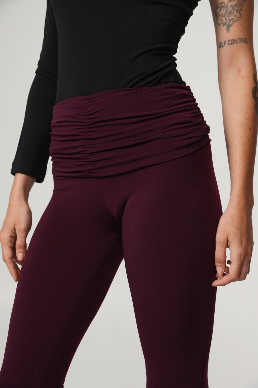 Gathered Waist Plum Flare Leggings