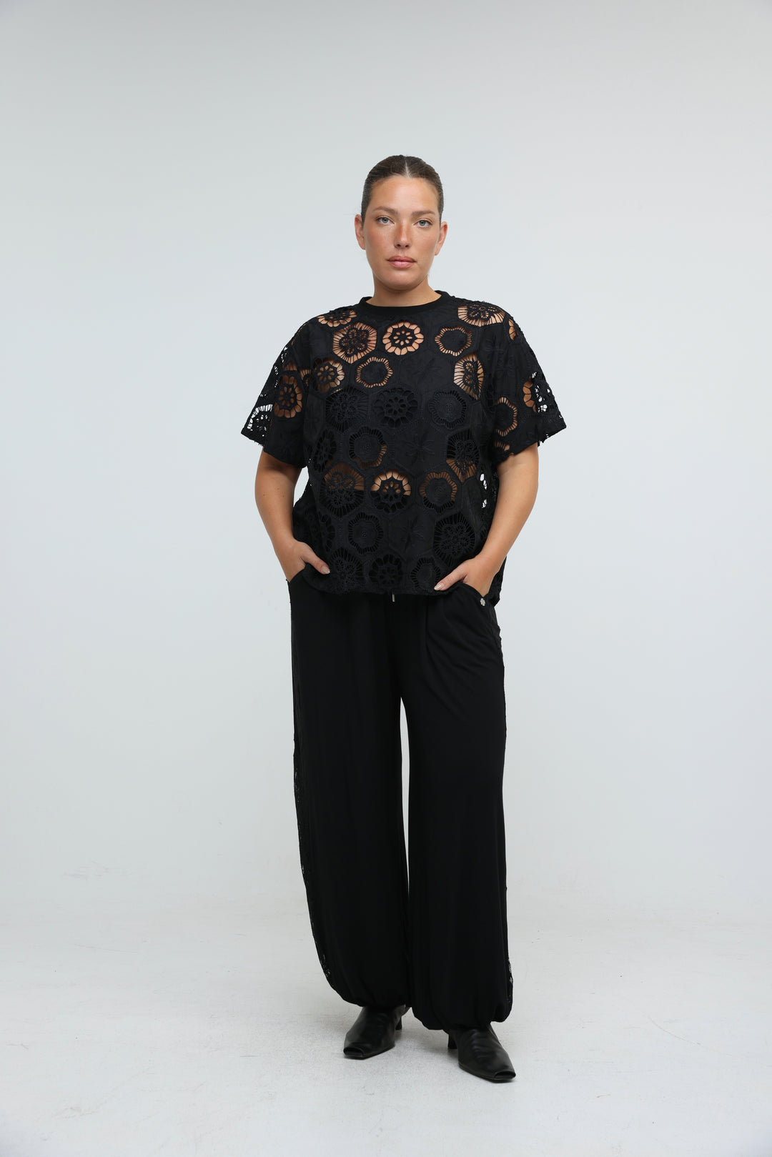 Floral Black Cutwork T-Shirt