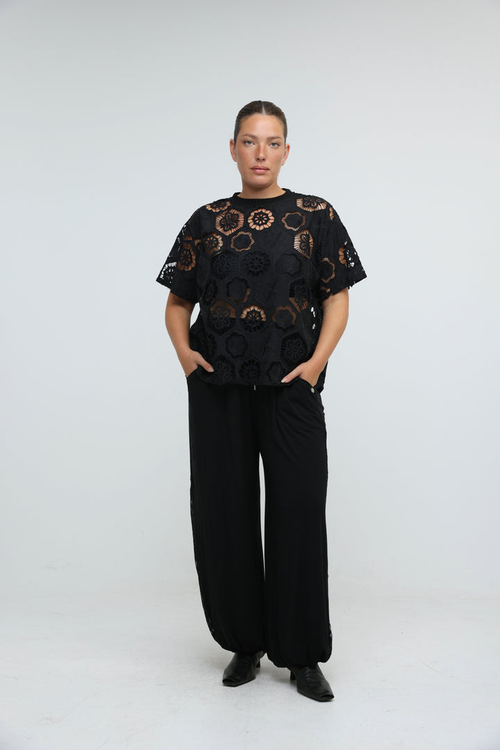 Floral Black Cutwork T-Shirt