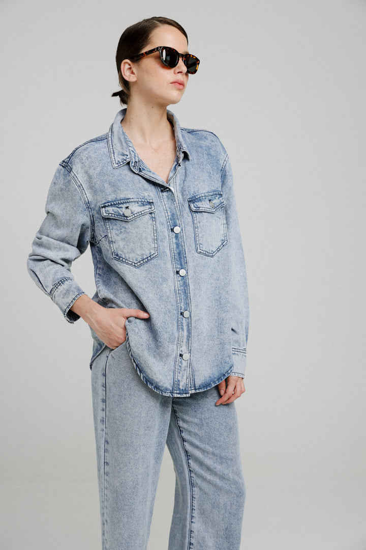 Washed Blue Denim Buttoned Shirt