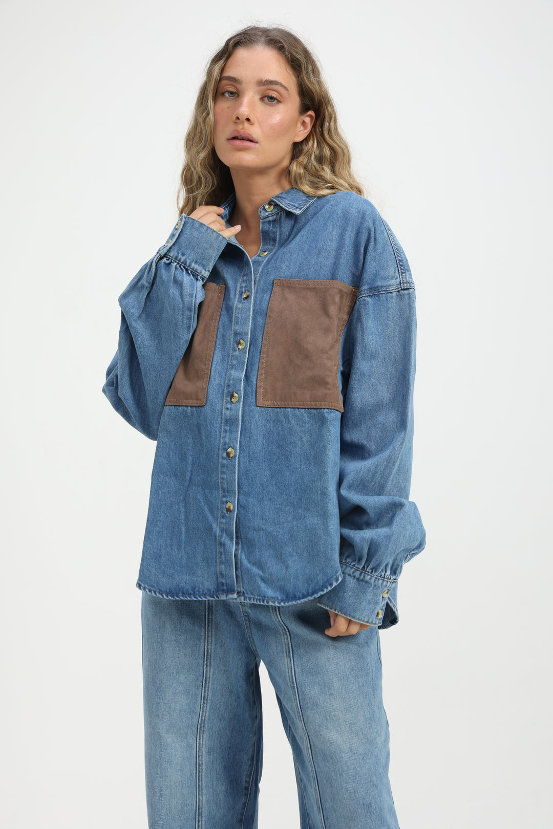 Suede Pocket Light Blue Denim Shirt