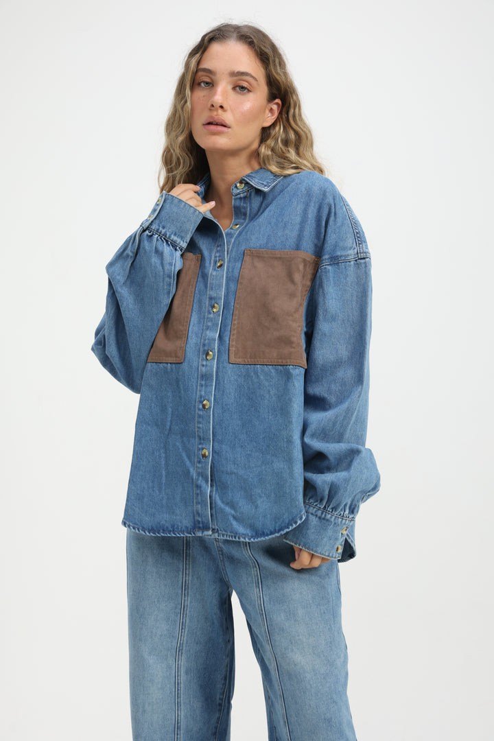 Suede Pocket Light Blue Denim Shirt