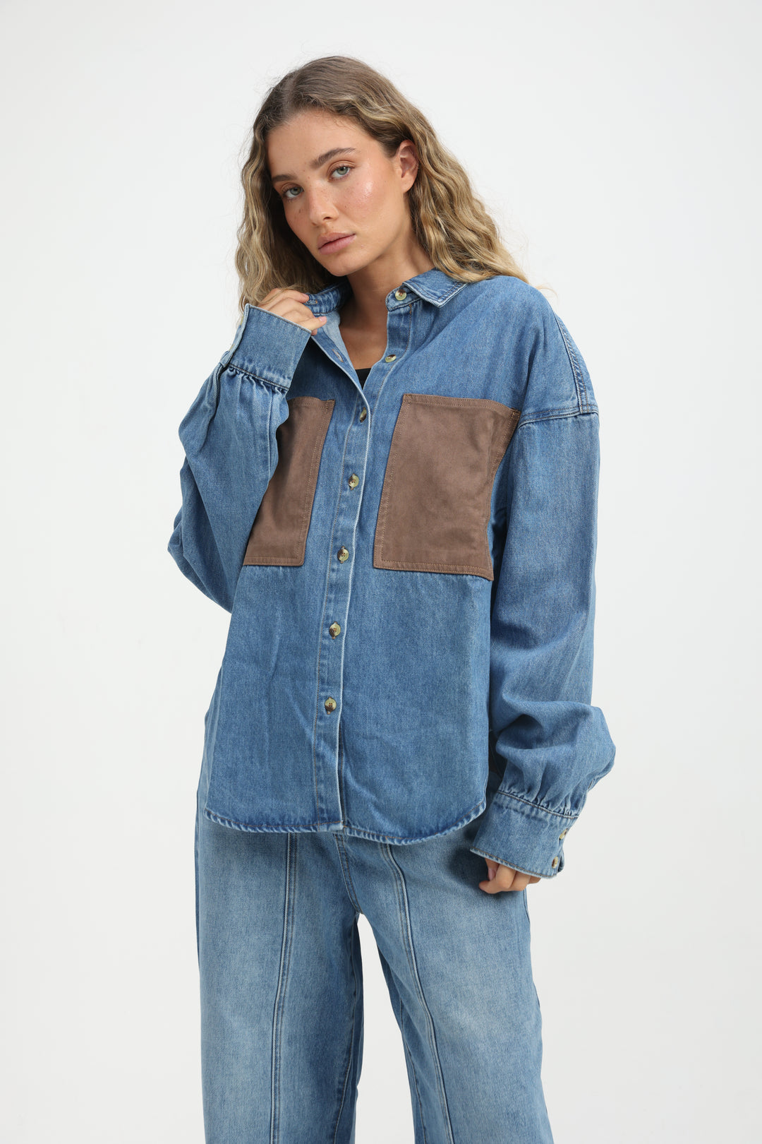 Suede Pocket Light Blue Denim Shirt