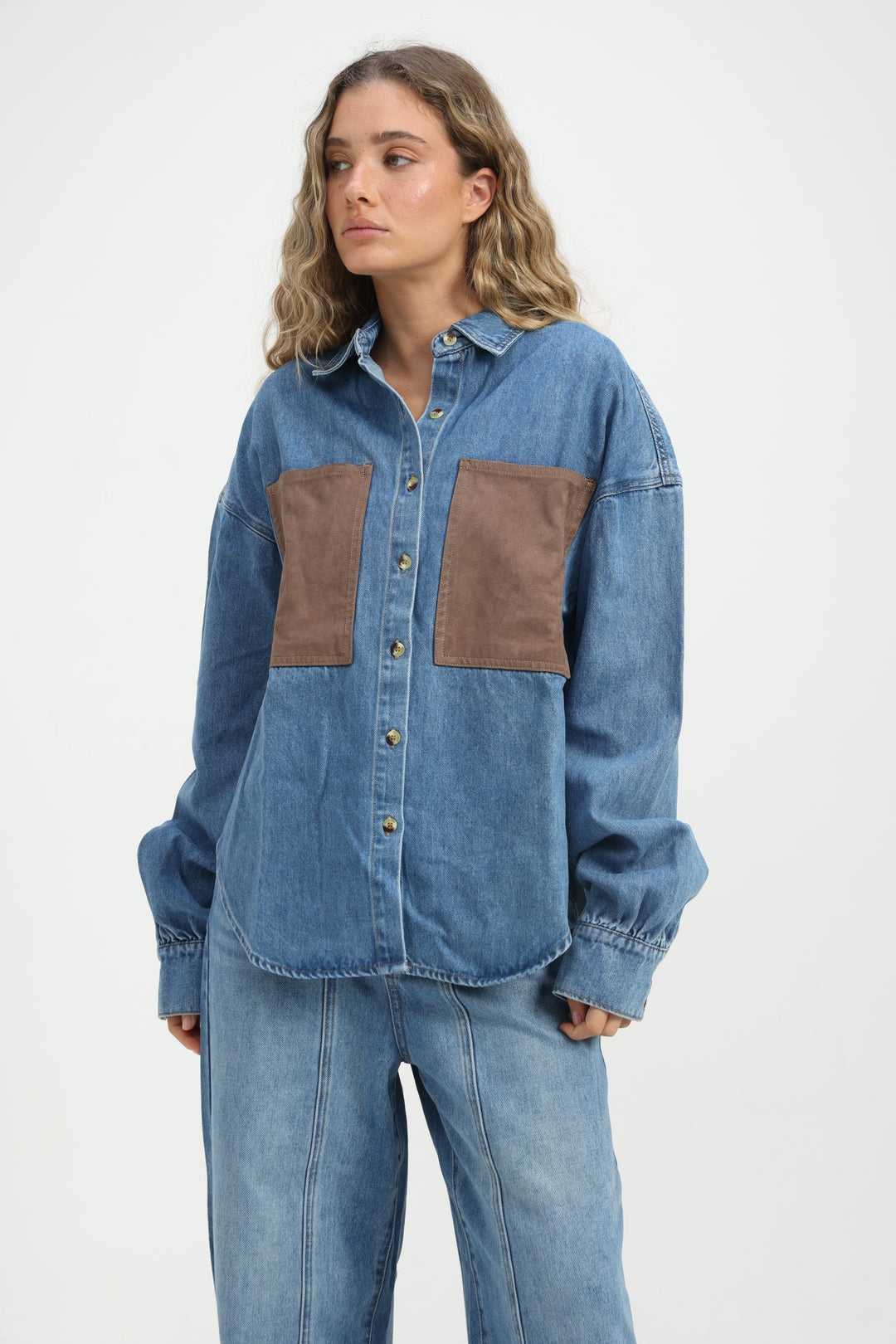 Suede Pocket Light Blue Denim Shirt