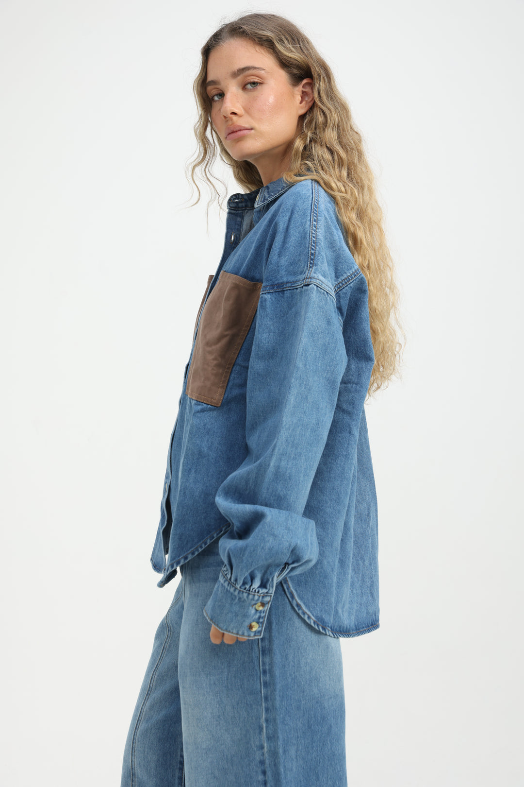 Suede Pocket Light Blue Denim Shirt