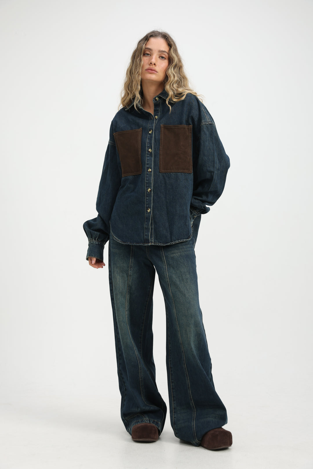 Suede Pocket Dark Blue Denim Shirt