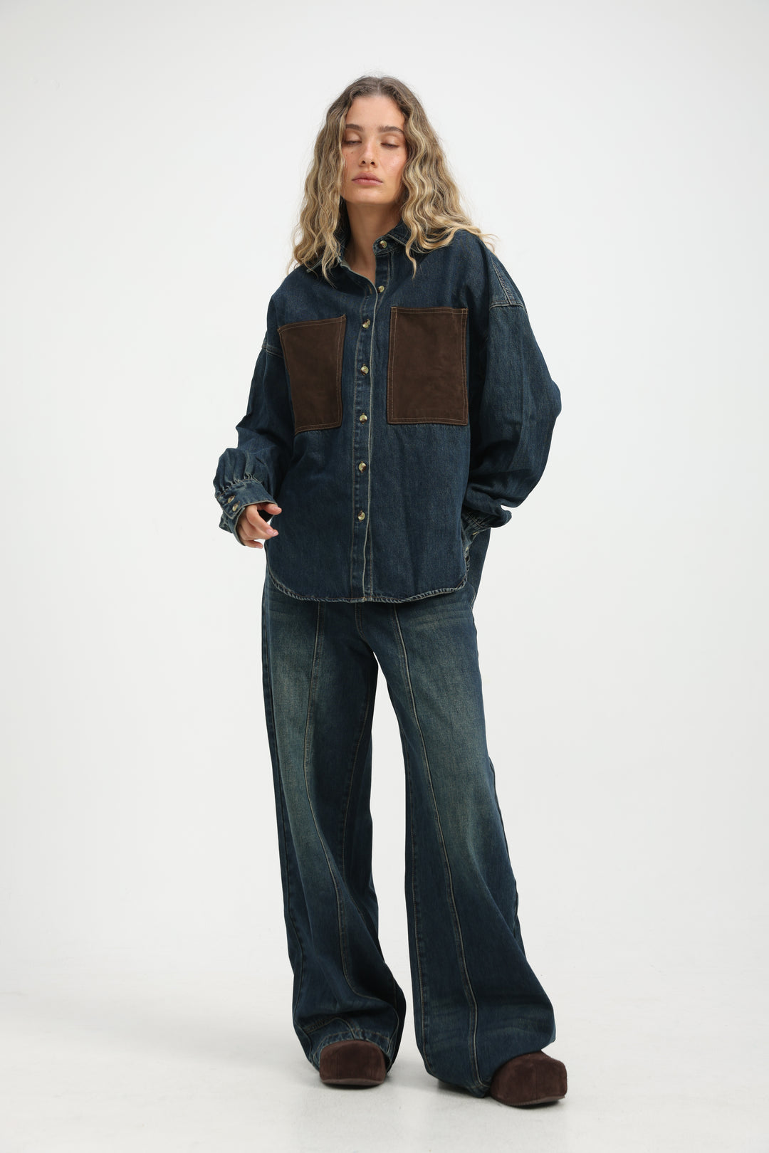 Suede Pocket Dark Blue Denim Shirt