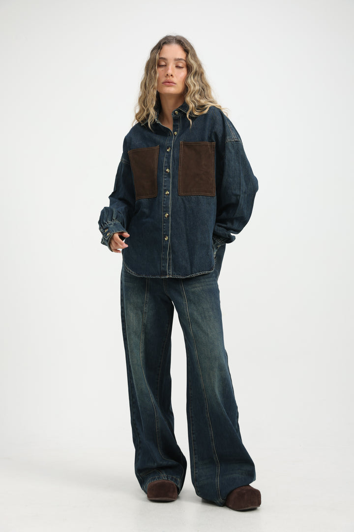 Suede Pocket Dark Blue Denim Shirt
