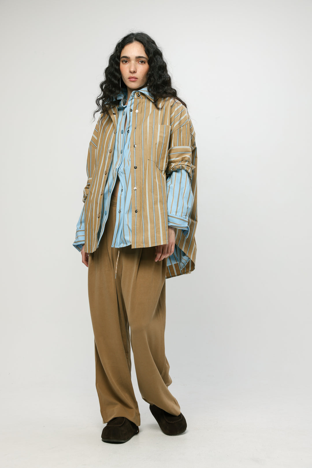 Wide Camel Striped Buttoned Shirt