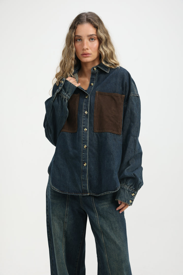 Suede Pocket Dark Blue Denim Shirt