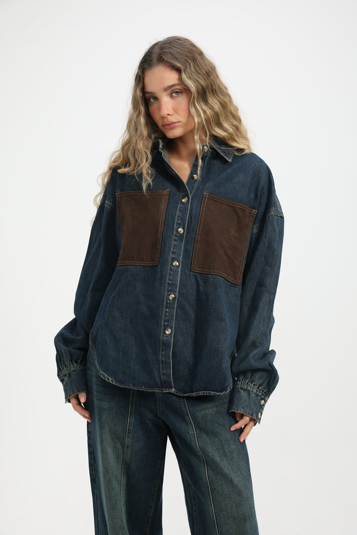 Suede Pocket Dark Blue Denim Shirt