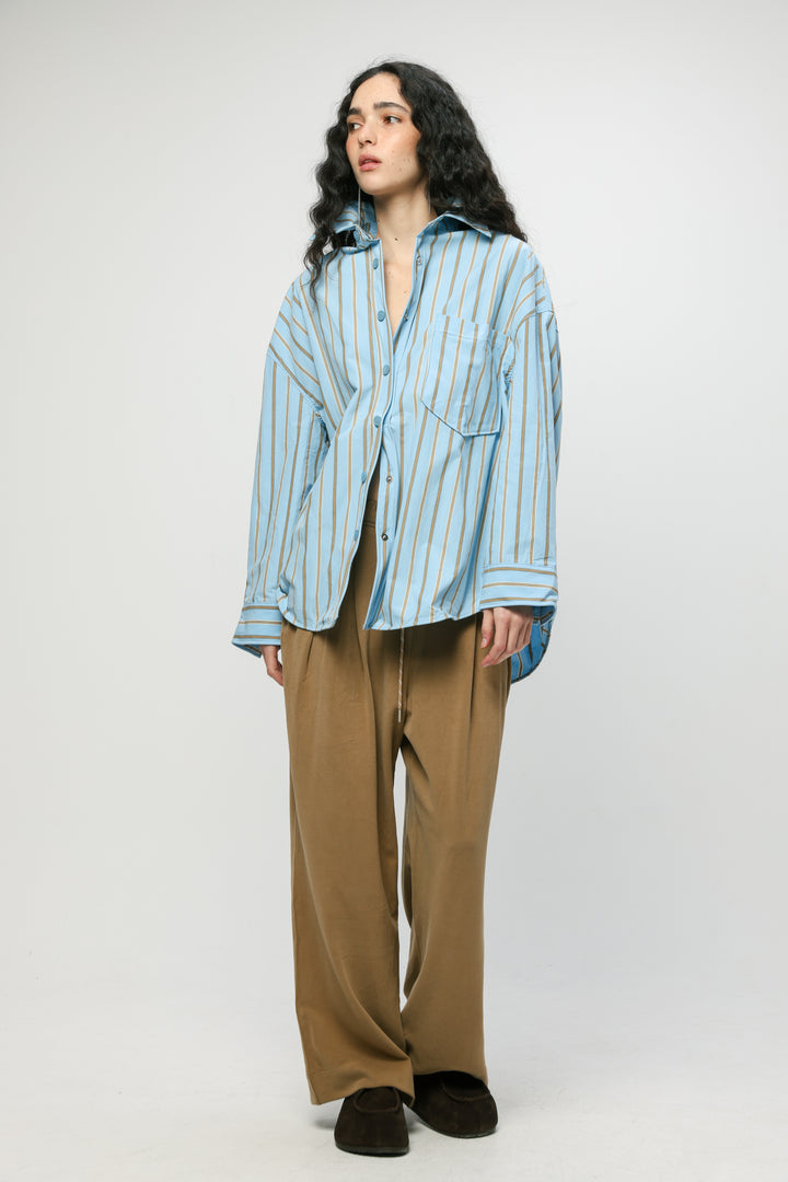 Wide Light Blue Striped Buttoned Shirt