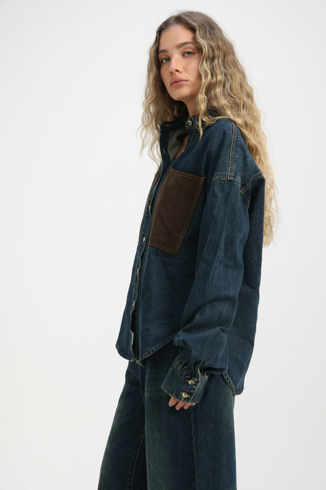 Suede Pocket Dark Blue Denim Shirt
