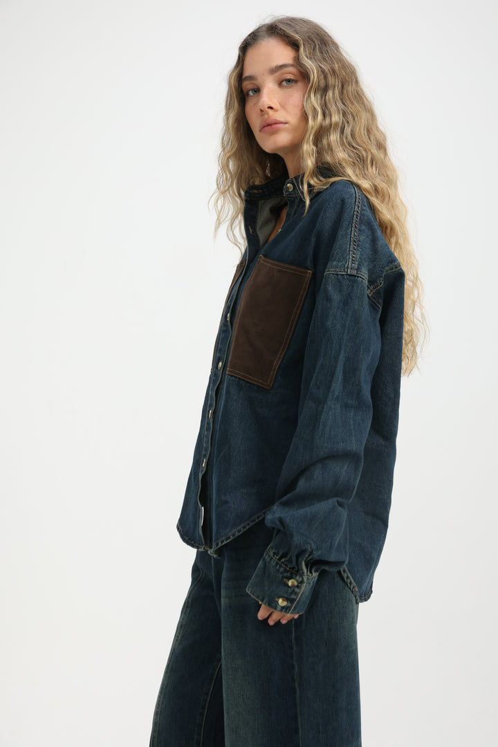Suede Pocket Dark Blue Denim Shirt