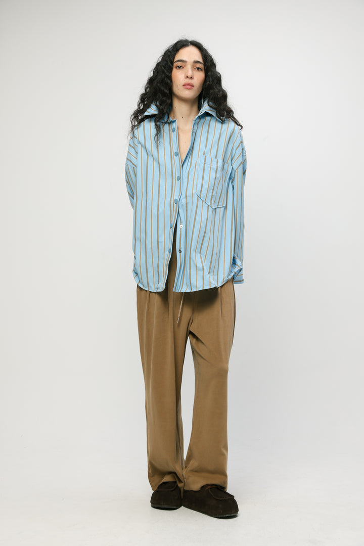 Wide Light Blue Striped Buttoned Shirt