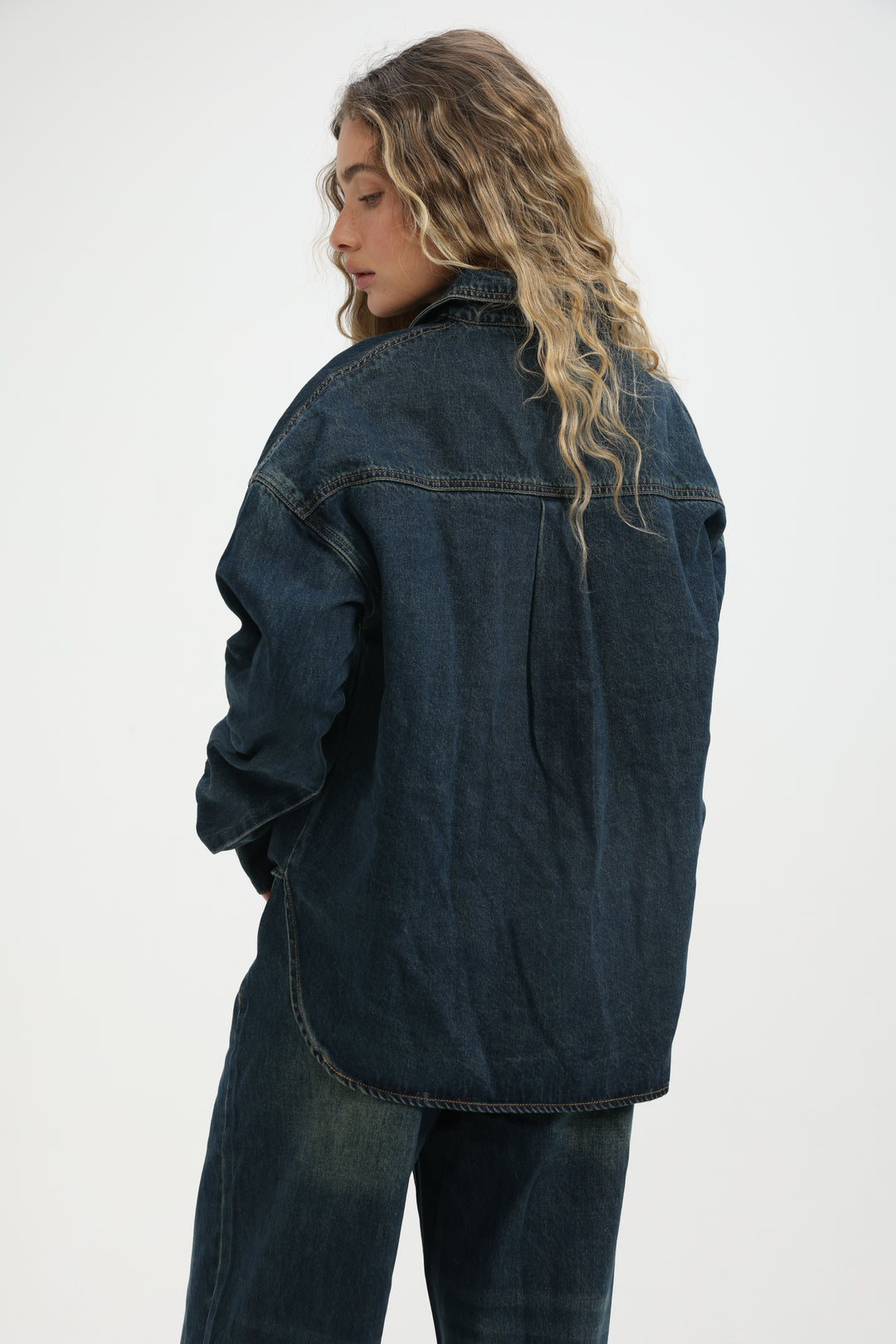 Suede Pocket Dark Blue Denim Shirt