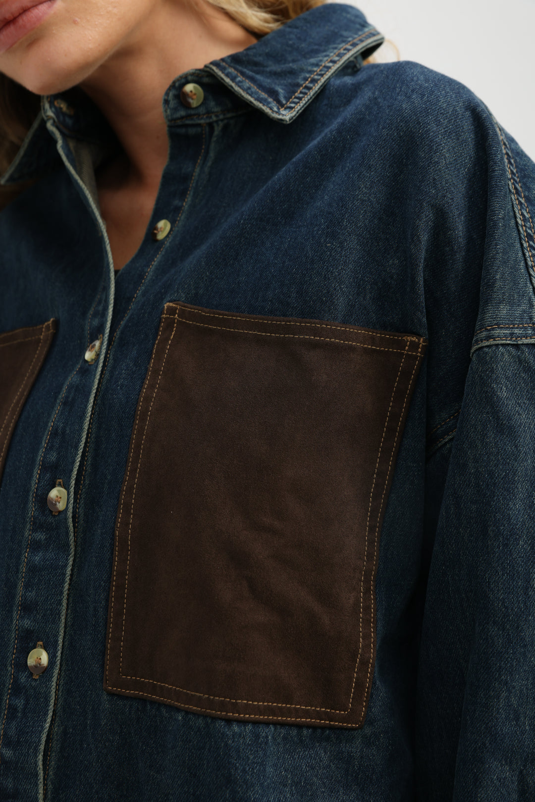 Suede Pocket Dark Blue Denim Shirt
