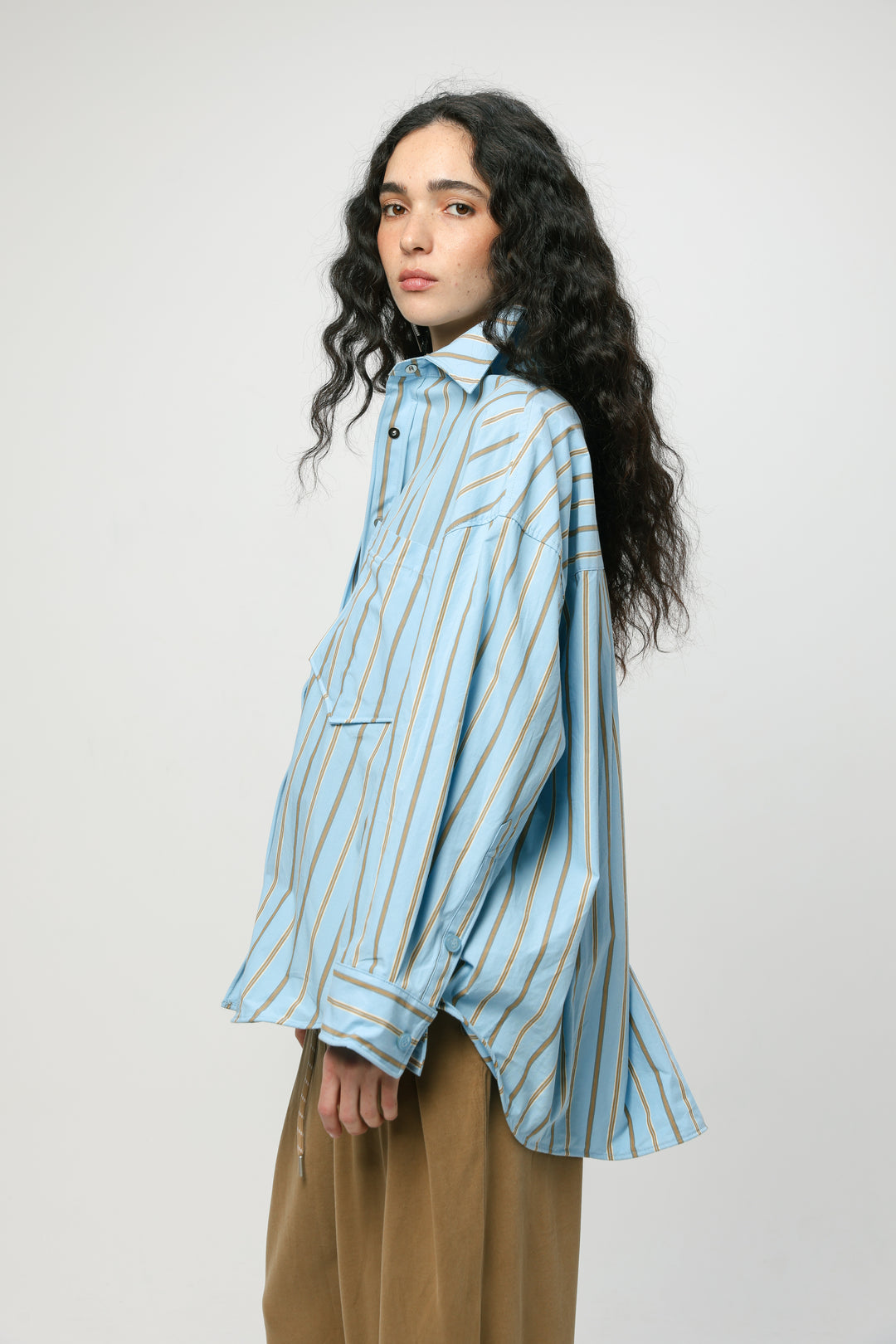 Wide Light Blue Striped Buttoned Shirt
