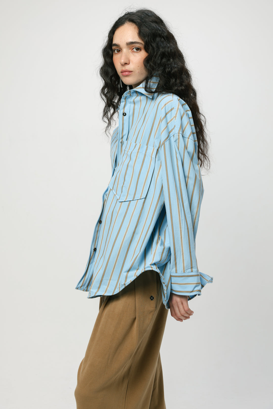 Wide Light Blue Striped Buttoned Shirt
