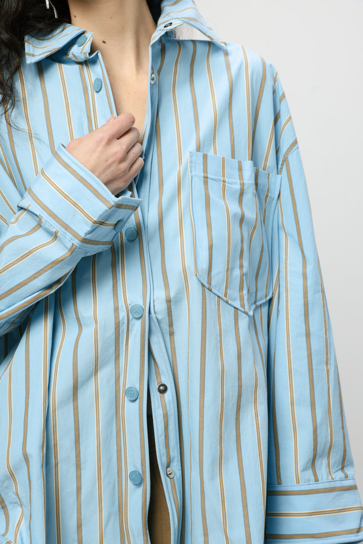 Wide Light Blue Striped Buttoned Shirt