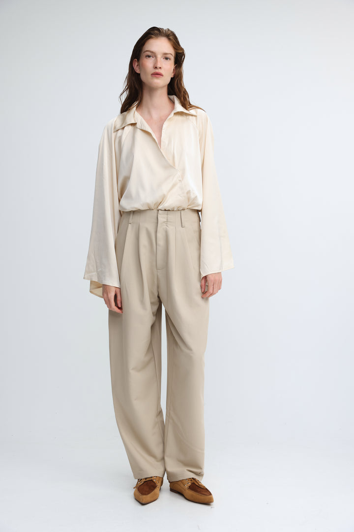 Draped Satin Cream Wrap Bodysuit