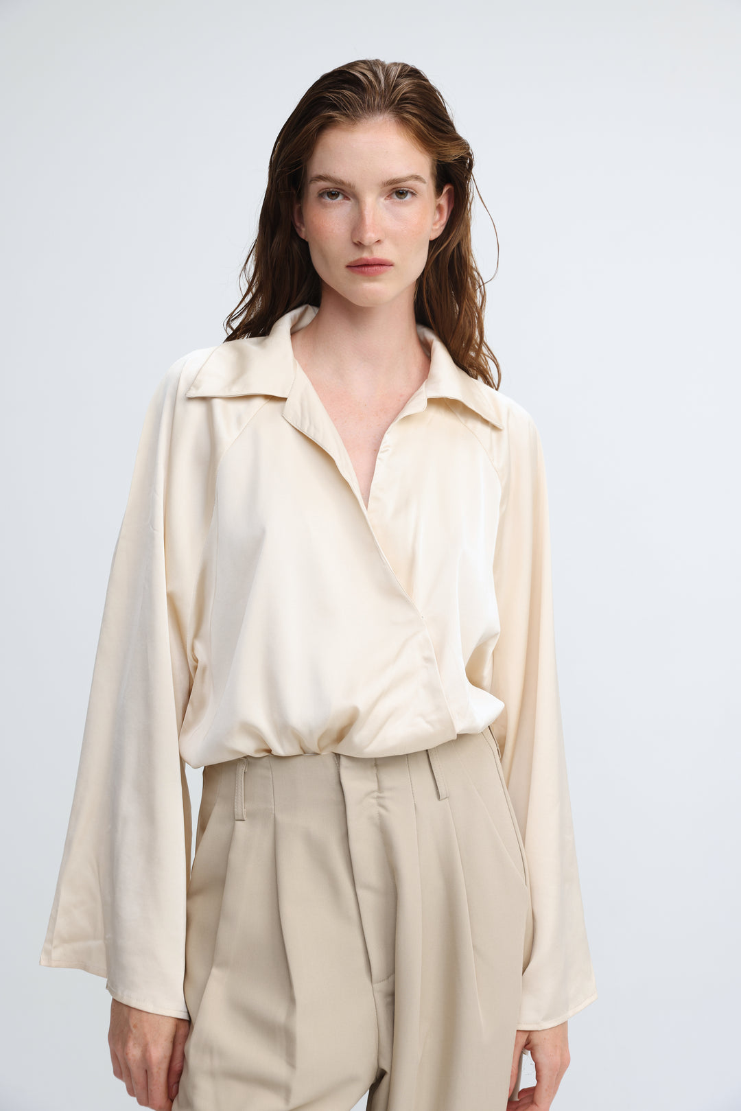 Draped Satin Cream Wrap Bodysuit