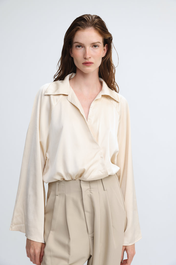 Draped Satin Cream Wrap Bodysuit