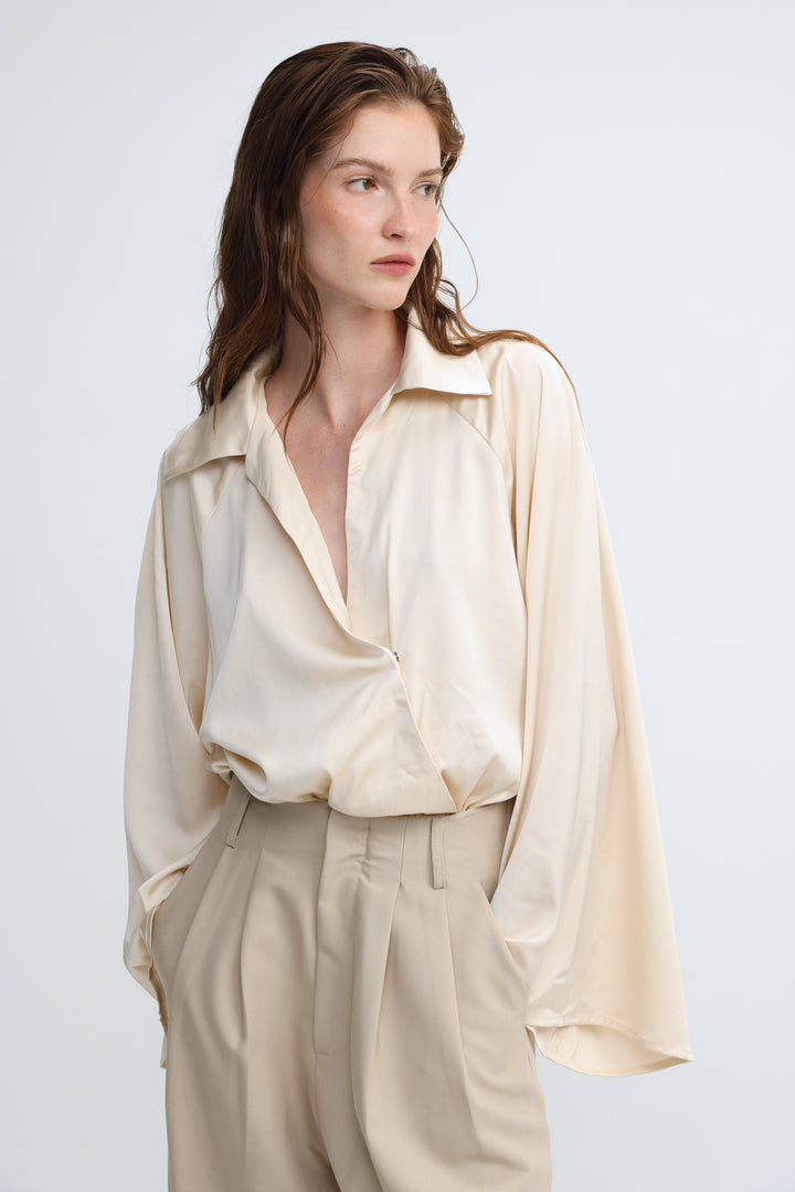 Draped Satin Cream Wrap Bodysuit