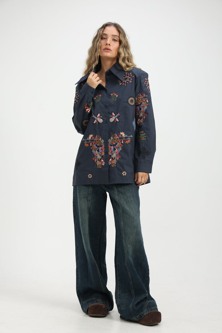 Embroidered Navy Buttoned Shirt
