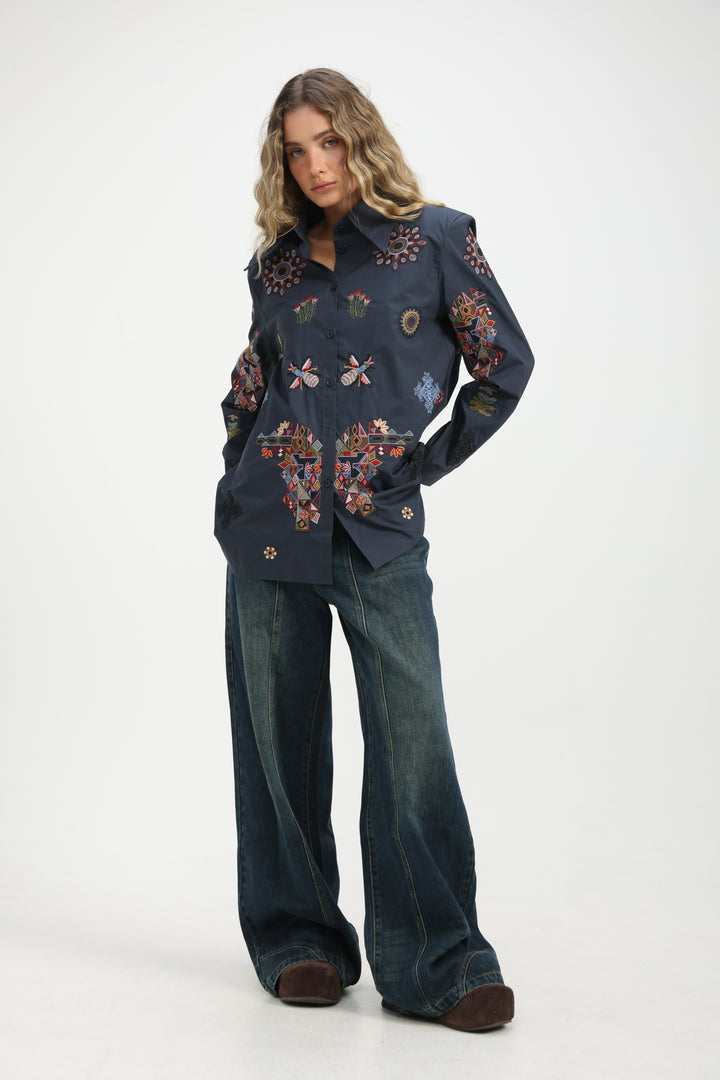Embroidered Navy Buttoned Shirt