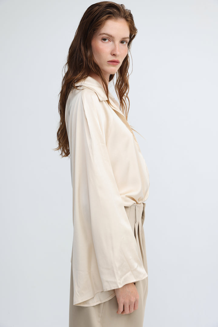 Draped Satin Cream Wrap Bodysuit