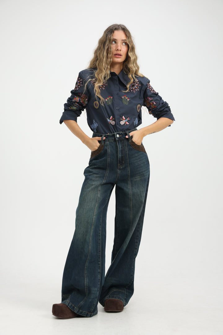 Embroidered Navy Buttoned Shirt