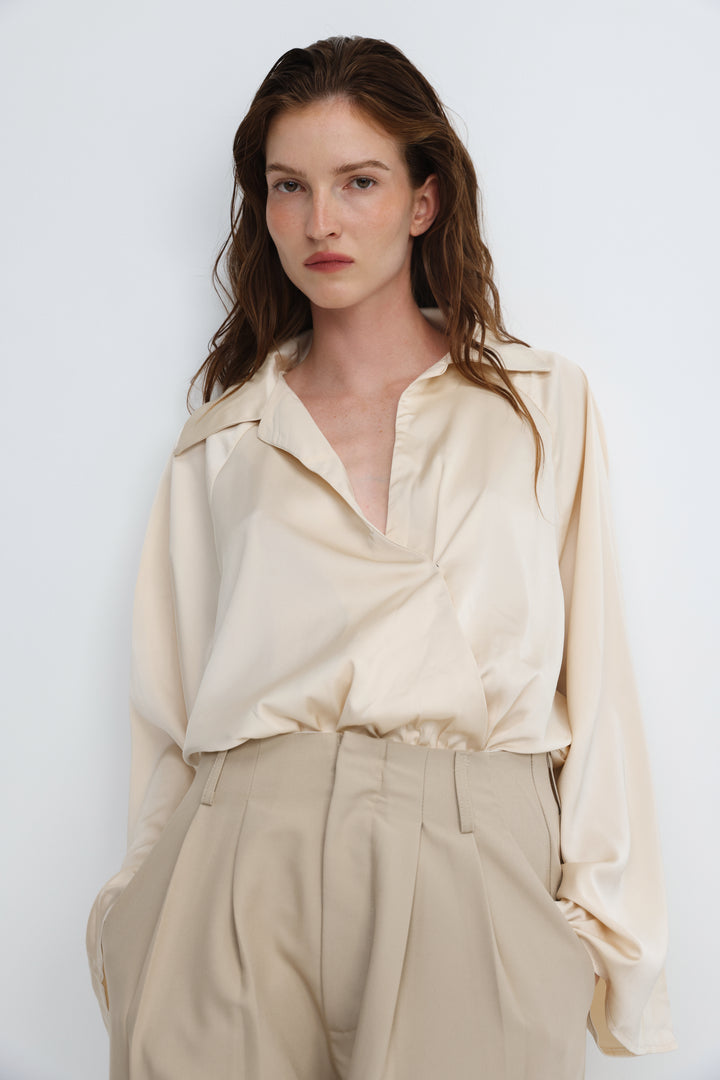 Draped Satin Cream Wrap Bodysuit