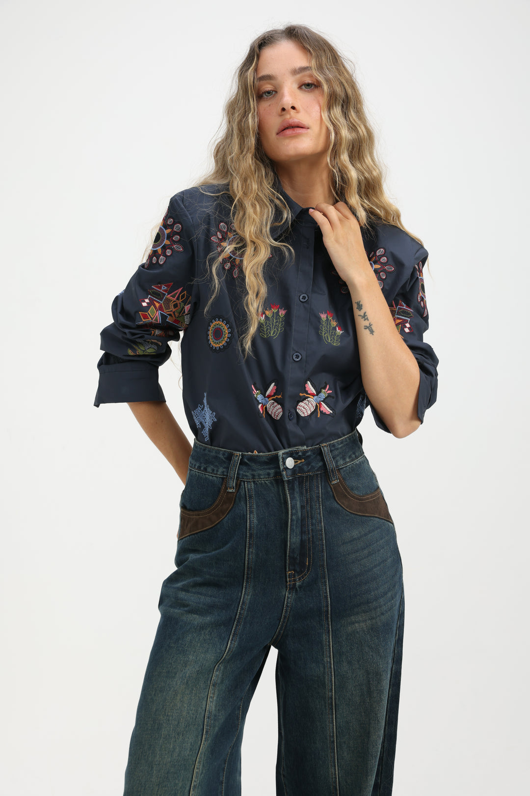 Embroidered Navy Buttoned Shirt