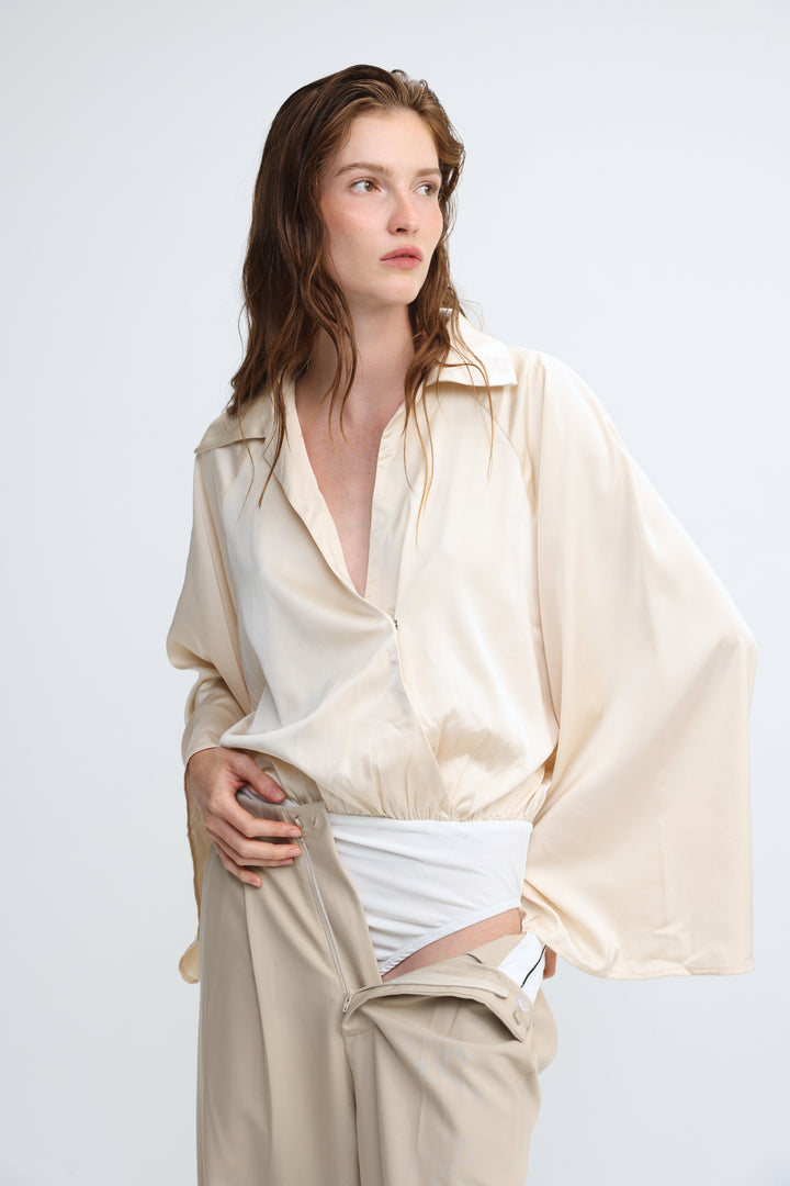 Draped Satin Cream Wrap Bodysuit