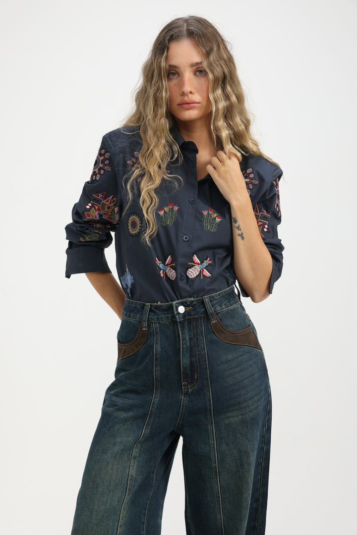 Embroidered Navy Buttoned Shirt