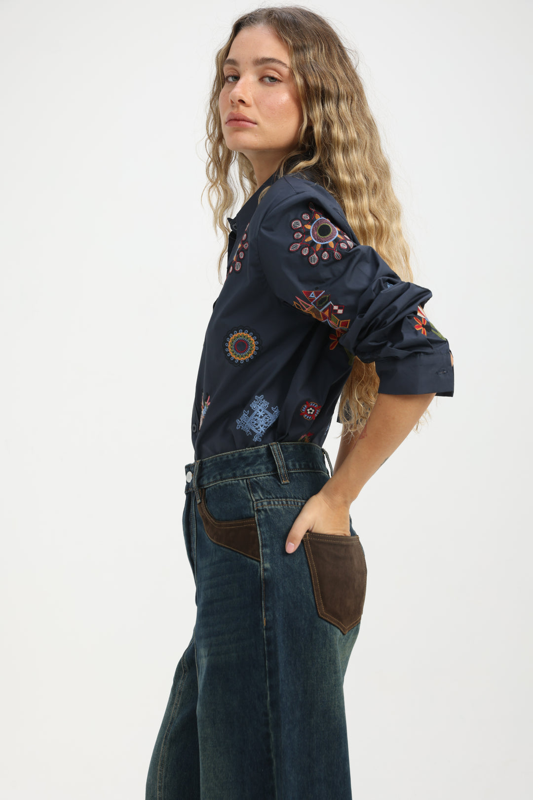 Embroidered Navy Buttoned Shirt
