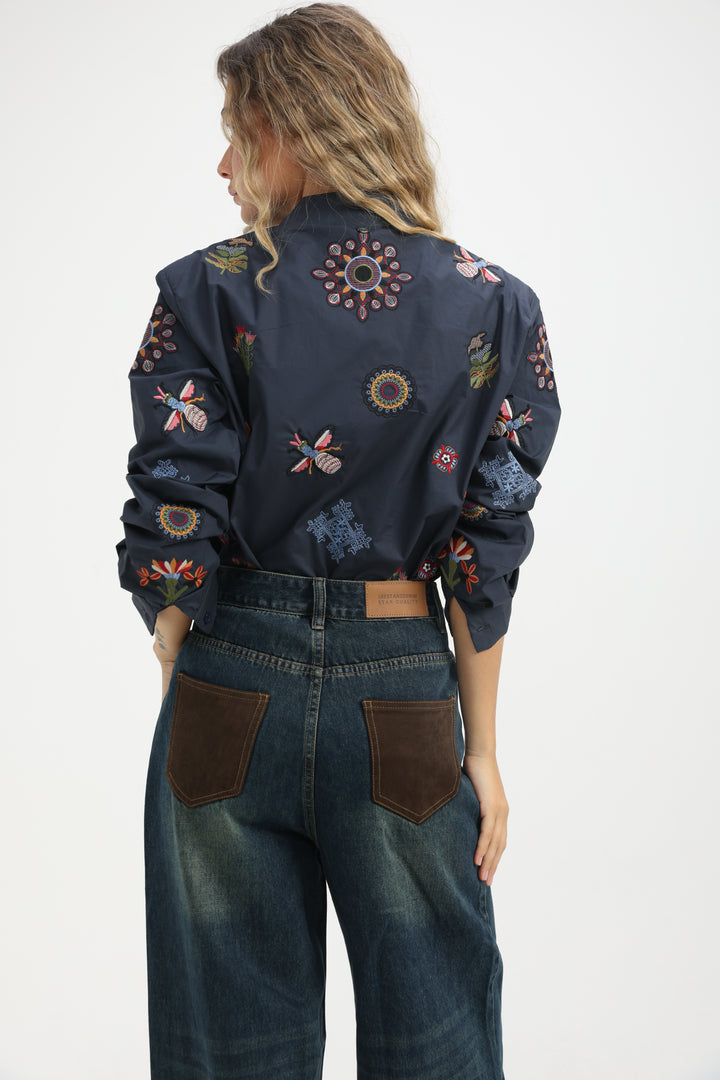 Embroidered Navy Buttoned Shirt