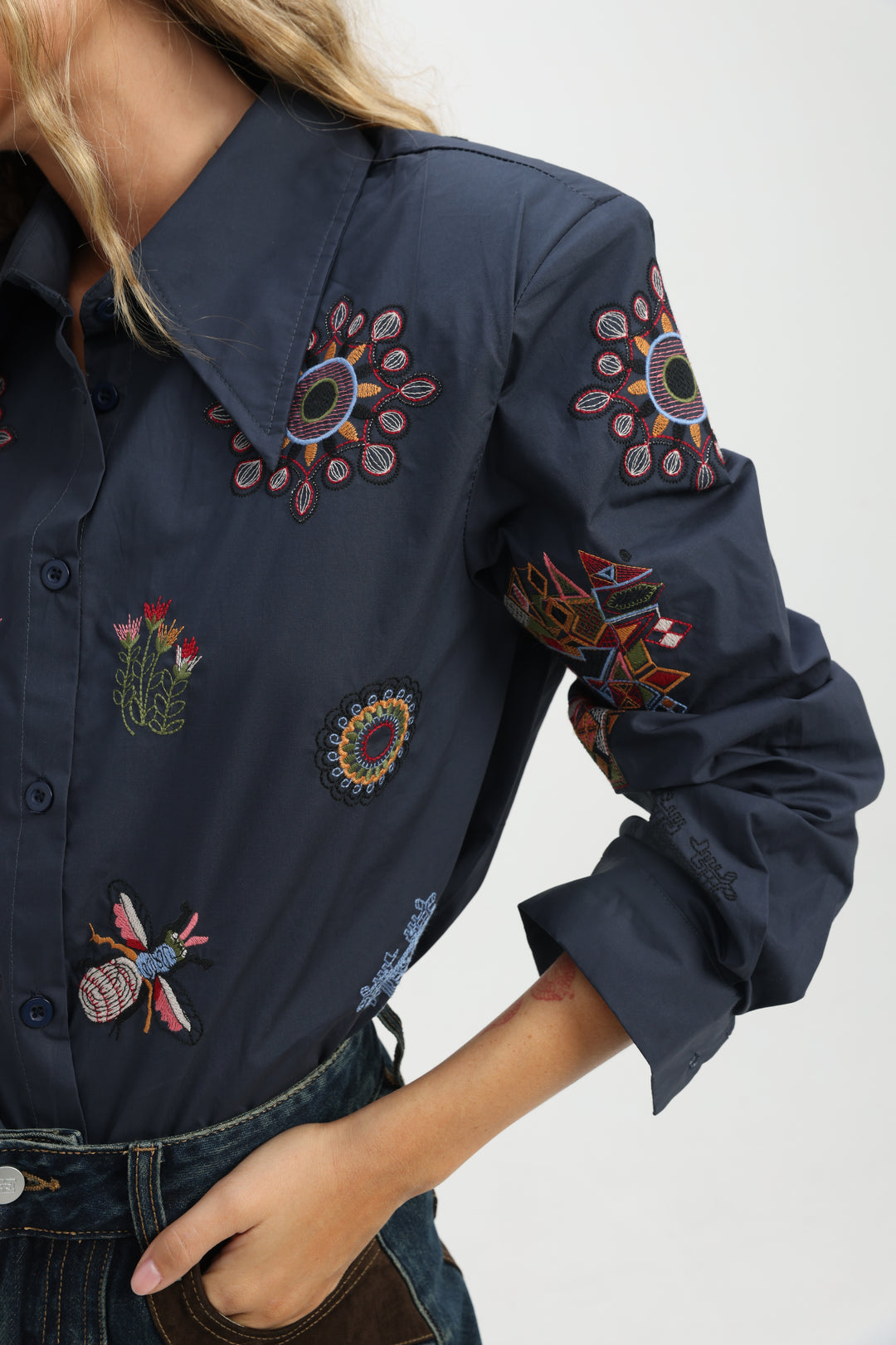 Embroidered Navy Buttoned Shirt