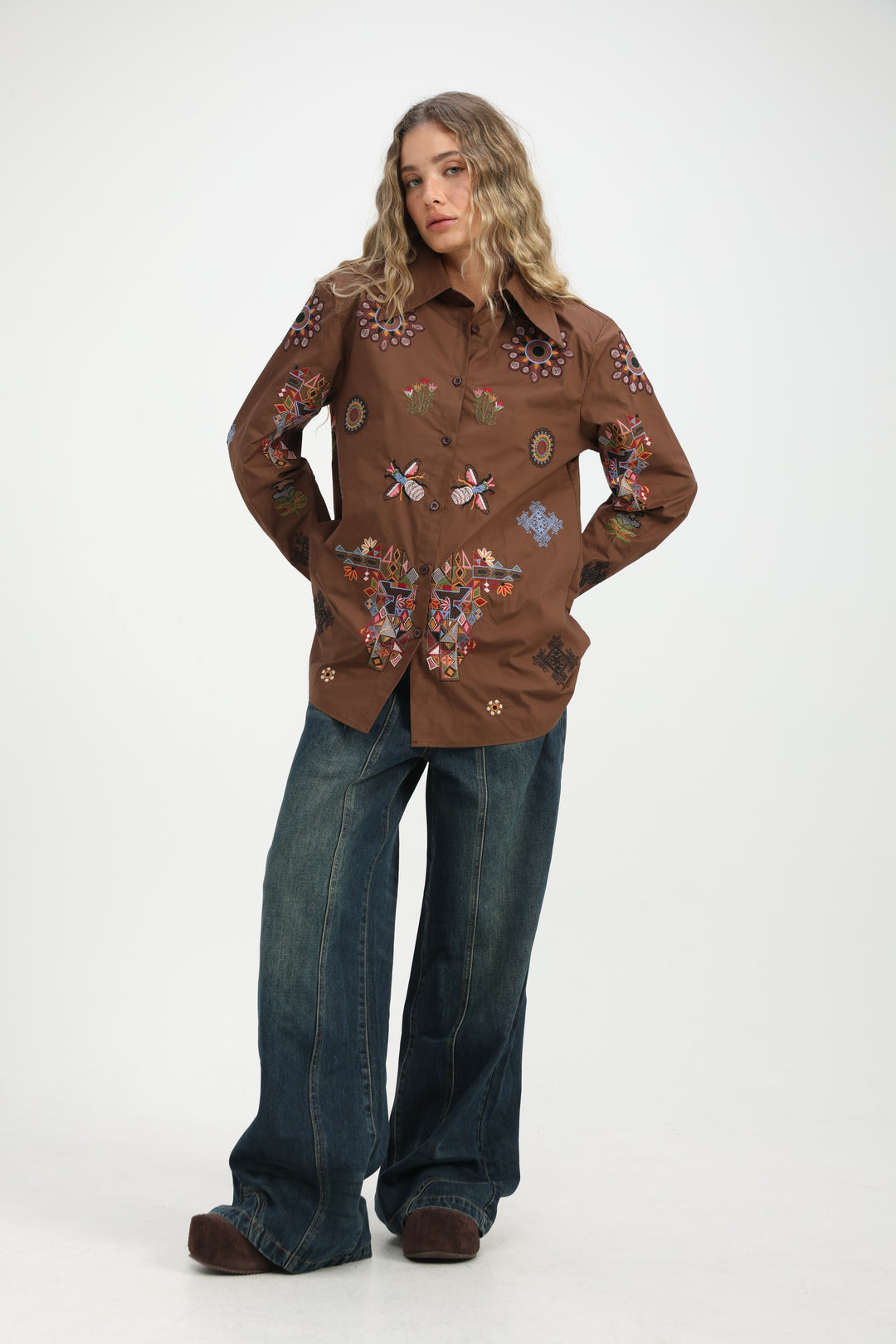 Embroidered Brown Buttoned Shirt