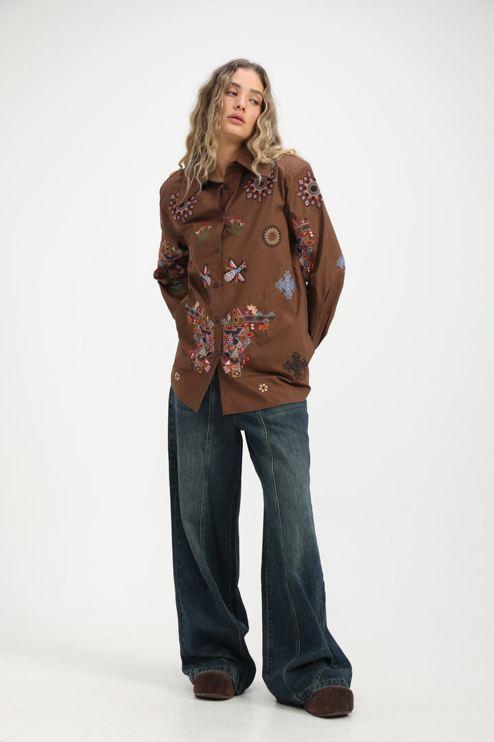 Embroidered Brown Buttoned Shirt