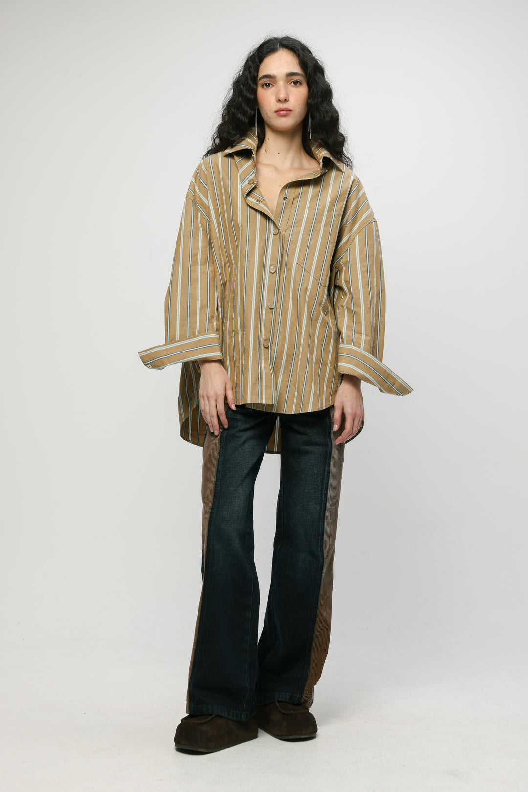 Wide Camel Striped Buttoned Shirt