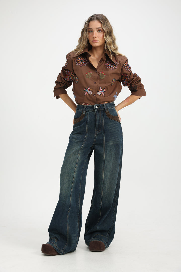 Embroidered Brown Buttoned Shirt