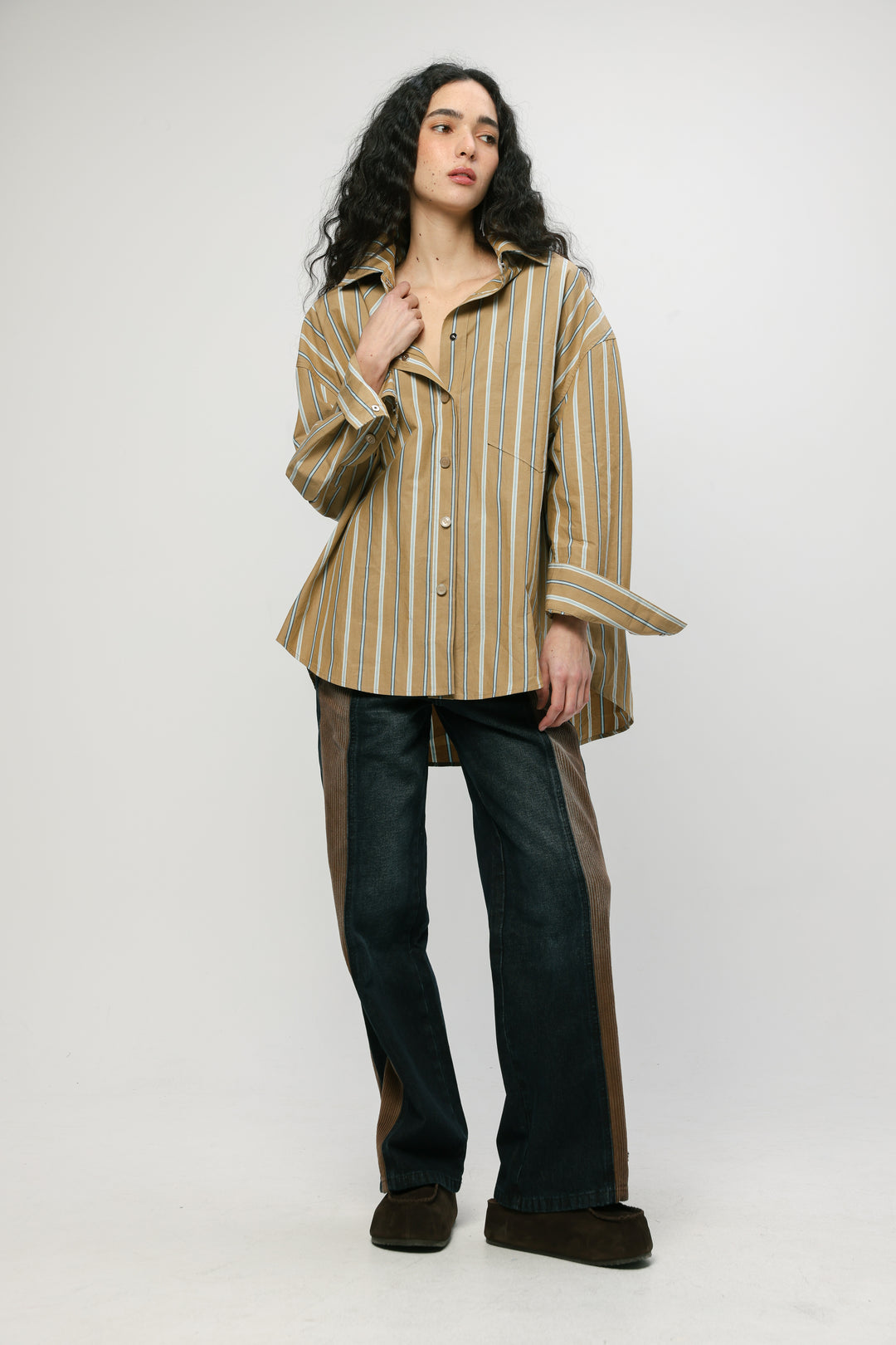 Wide Camel Striped Buttoned Shirt