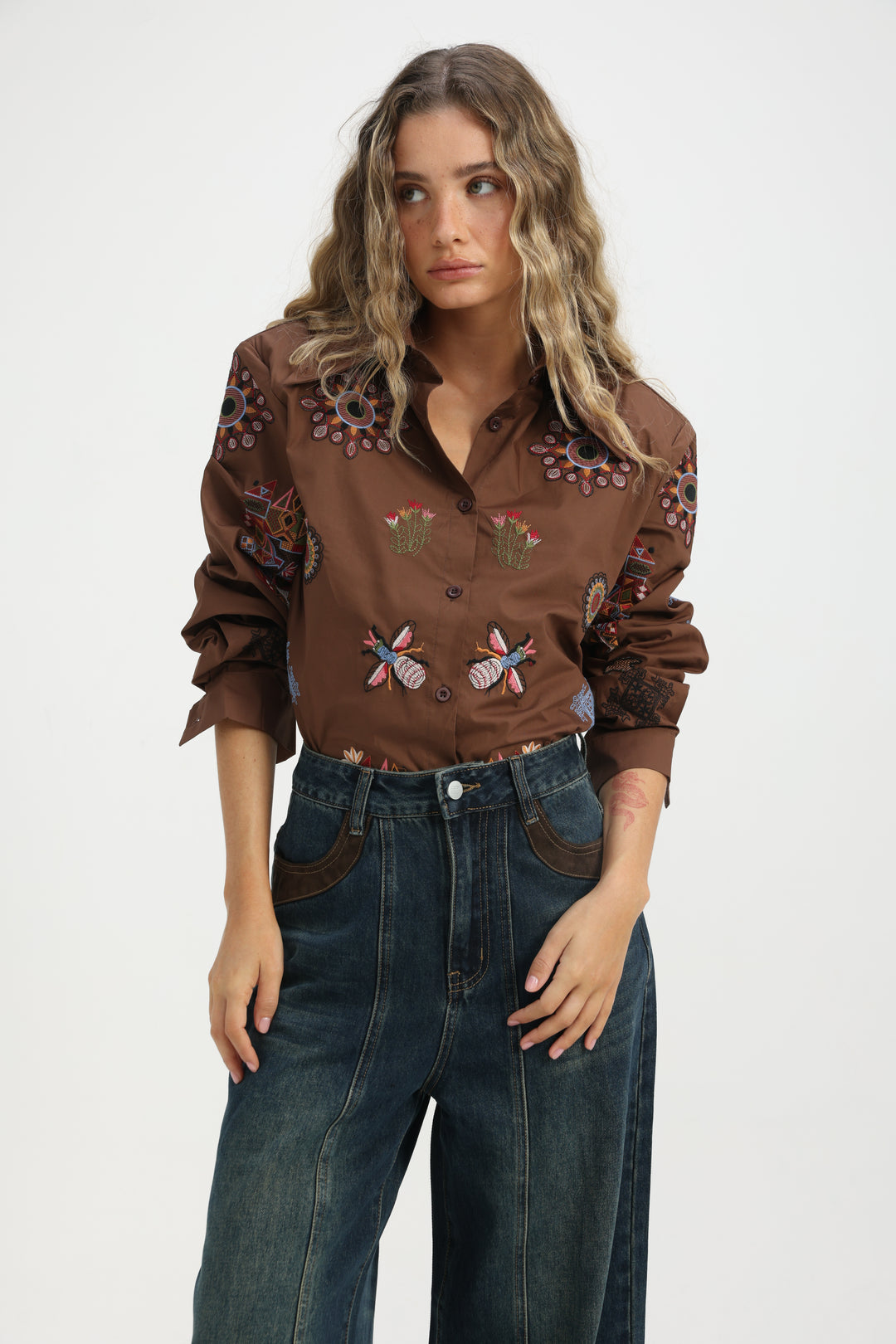 Embroidered Brown Buttoned Shirt