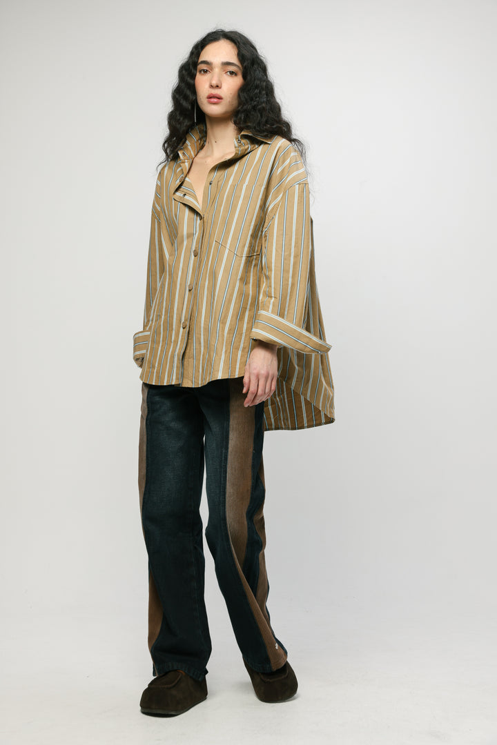Wide Camel Striped Buttoned Shirt