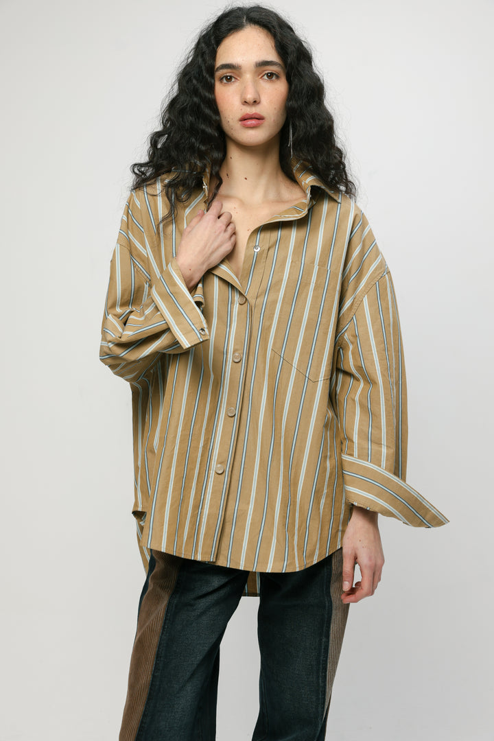 Wide Camel Striped Buttoned Shirt