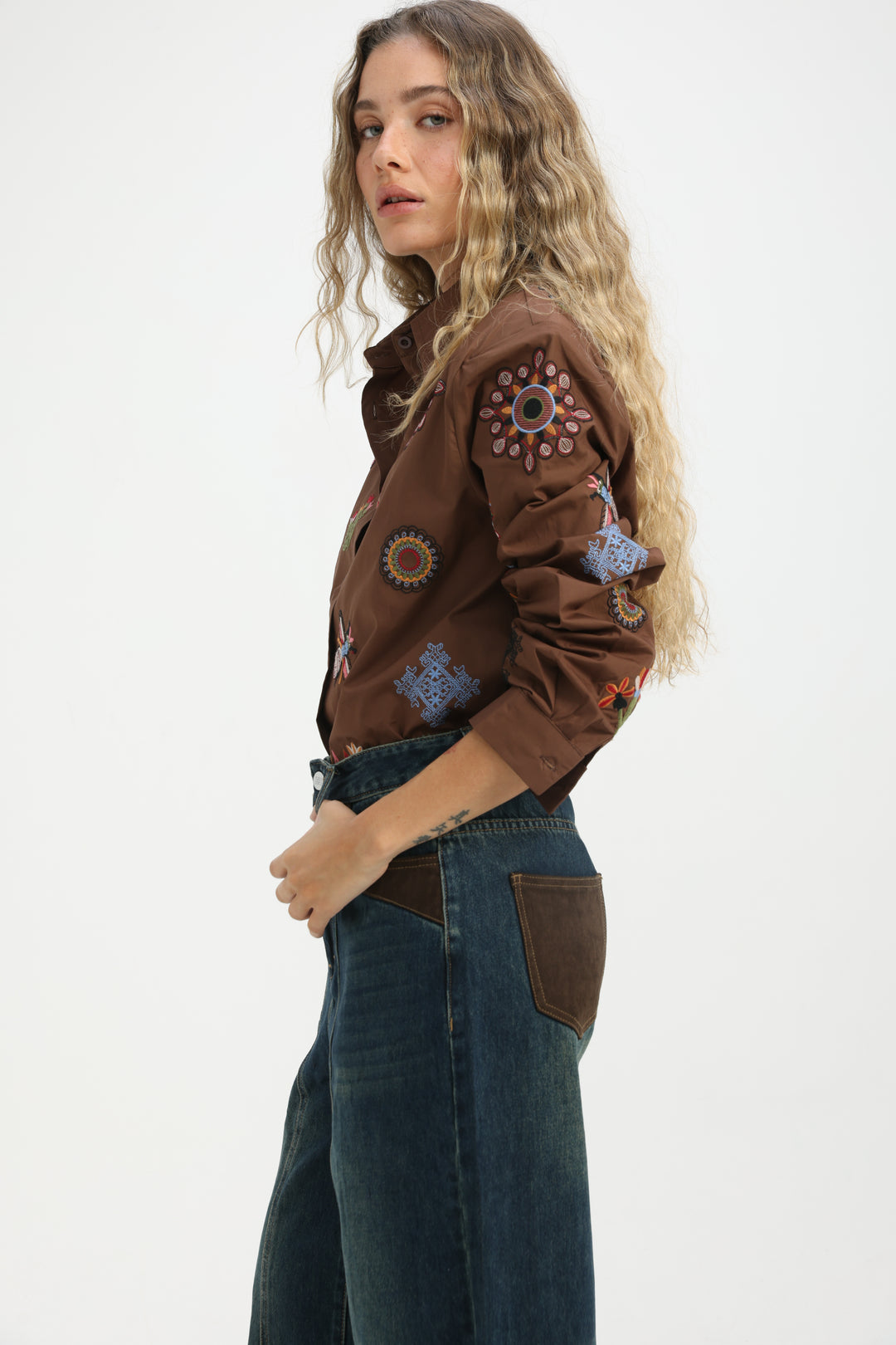 Embroidered Brown Buttoned Shirt