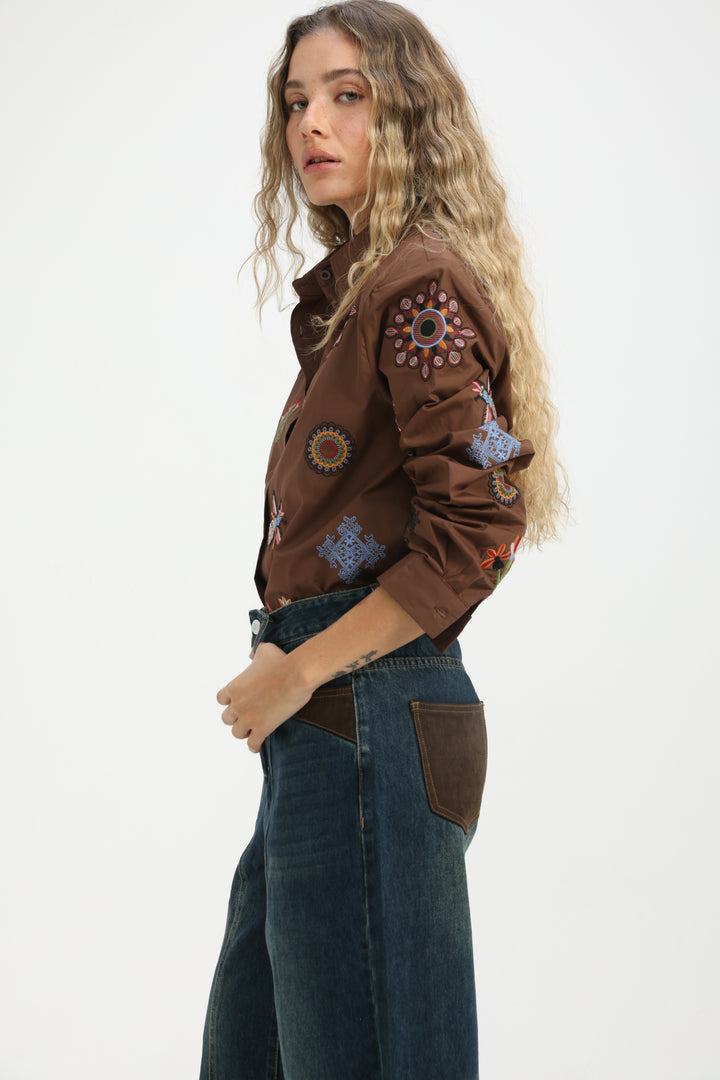 Embroidered Brown Buttoned Shirt
